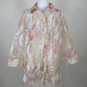 Coldwater Creek Button Up Shirt 2X White Multicolor Sheer Pleated Coastal Resort